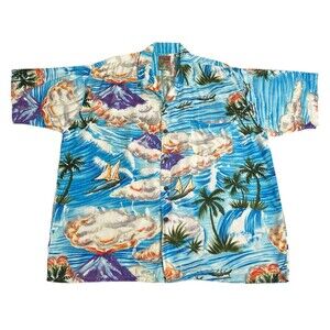 Vintage Pineapple Connection Hawaiian Shirt Mens L Volcano Boat All Over Print